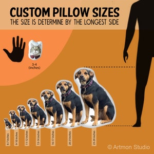 Pu&ograve; includere: Un grafico che mostra diverse dimensioni di fodere per cuscini personalizzate con un gatto e dei cani sopra. Il grafico mostra la dimensione del cuscino in pollici. Il testo sul grafico dice "Dimensioni cuscini personalizzati" e "La dimensione &egrave; determinata dal lato pi&ugrave; lungo".
