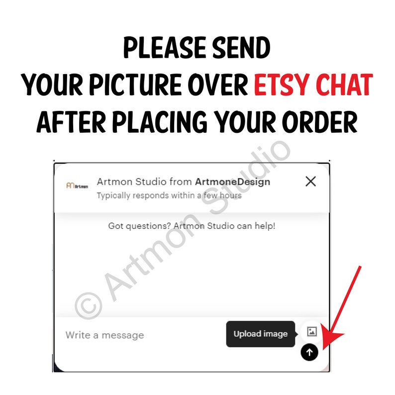 Pode incluir: Uma captura de tela de uma janela de bate-papo do Etsy com uma seta vermelha apontando para o bot&atilde;o "Carregar imagem". O texto na janela diz "Por favor, envie sua imagem atrav&eacute;s do chat do Etsy ap&oacute;s fazer seu pedido."