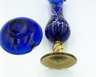 ボヘミアクリスタル花瓶＆プレートセット：コバルトブルー、ゴールド
