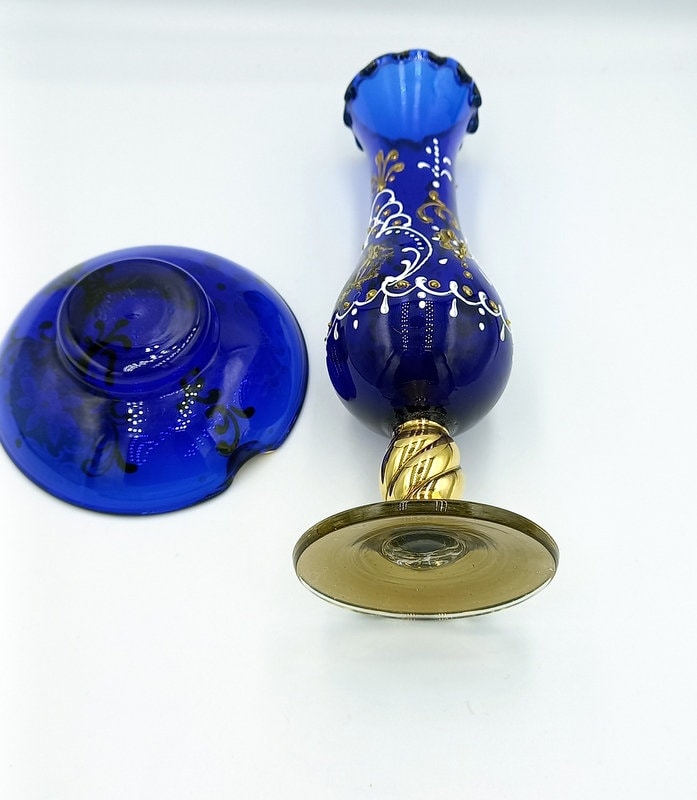ボヘミアンクリスタル　 青色ガラス花瓶 金色装飾付き ボヘミアクリスタル花瓶＆プレートセット：コバルトブルー、ゴールド