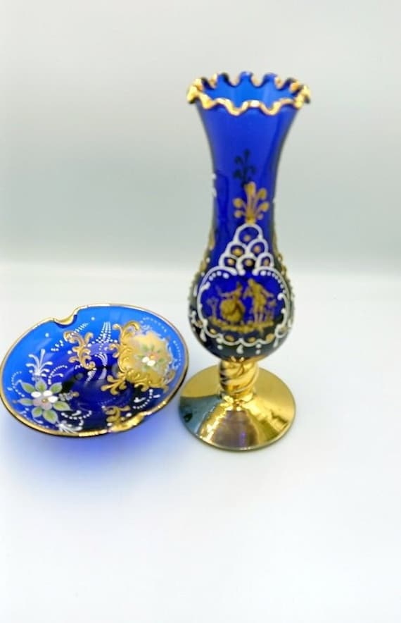 ボヘミアクリスタル花瓶＆プレートセット：コバルトブルー、ゴールド