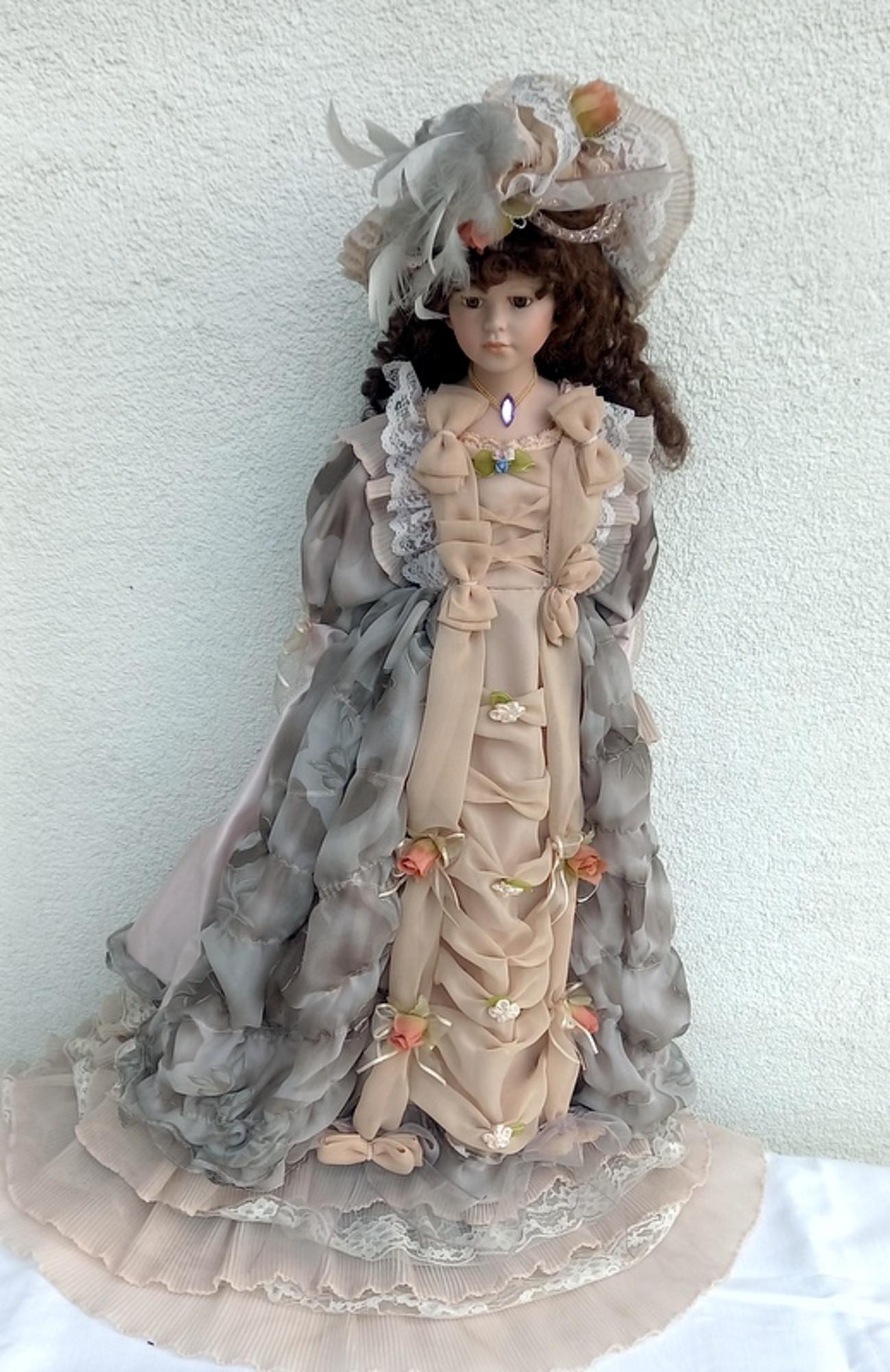 Poupée Porcelaine Vintage 40cm Blonde Robe Victorienne Rose Beige #A - Jeux & Jouets
