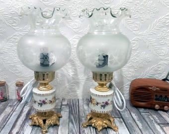 Vintage Keramik-Nachttischlampen mit Glasschirm, floralem Dekor