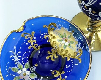 ボヘミアクリスタル花瓶＆プレートセット：コバルトブルー、ゴールド