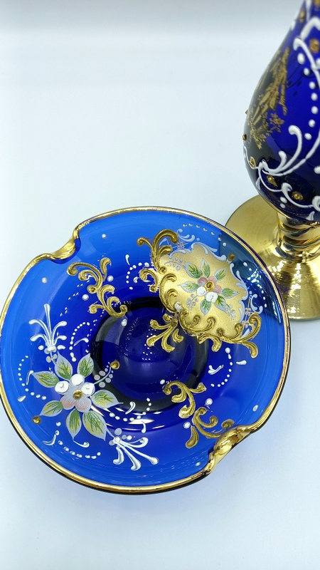 ボヘミアクリスタル花瓶＆プレートセット：コバルトブルー、ゴールド