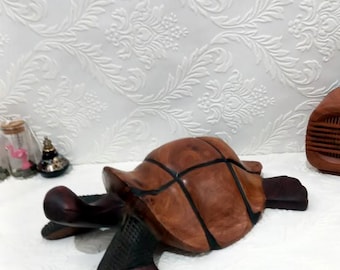 Wooden hand curved decorative turtle sculpture, Table decor turtle