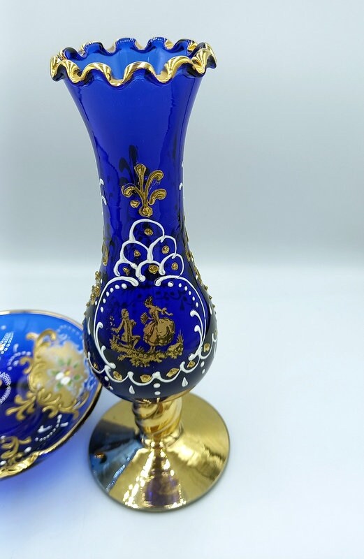 ボヘミアクリスタル花瓶＆プレートセット：コバルトブルー、ゴールド