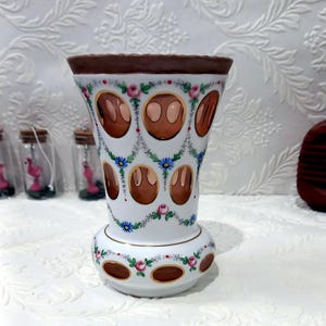 Vintage  Vase Czech Bohemian Cased Glass White Cut to light brown, Antique Bohemian Czech vase