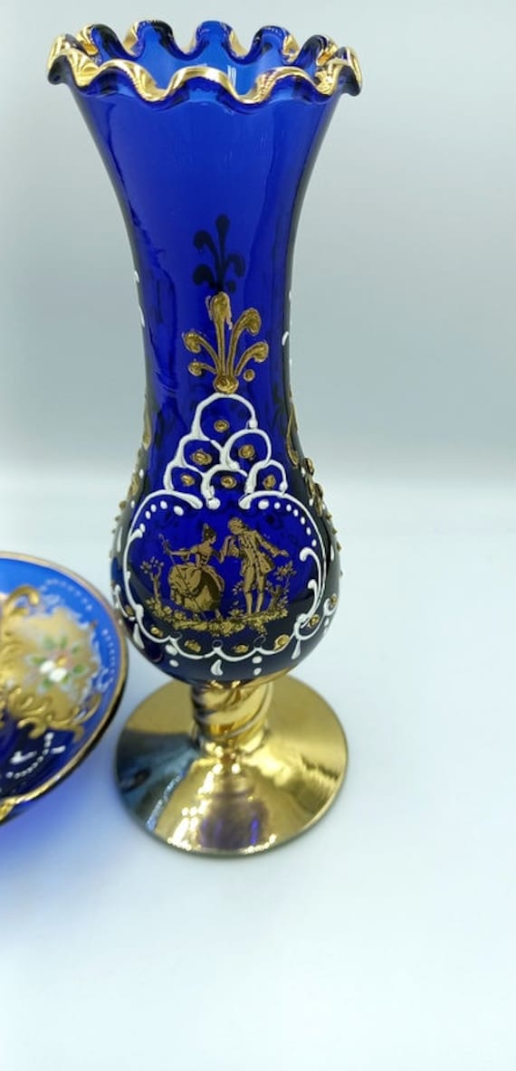 ボヘミアクリスタル花瓶＆プレートセット：コバルトブルー、ゴールド