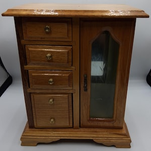 Wooden Jewelry Box Armoire, 4 Drawers, Glass Door