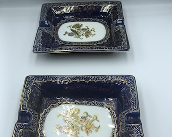 Vintage set fine porcelain blue ashtrays