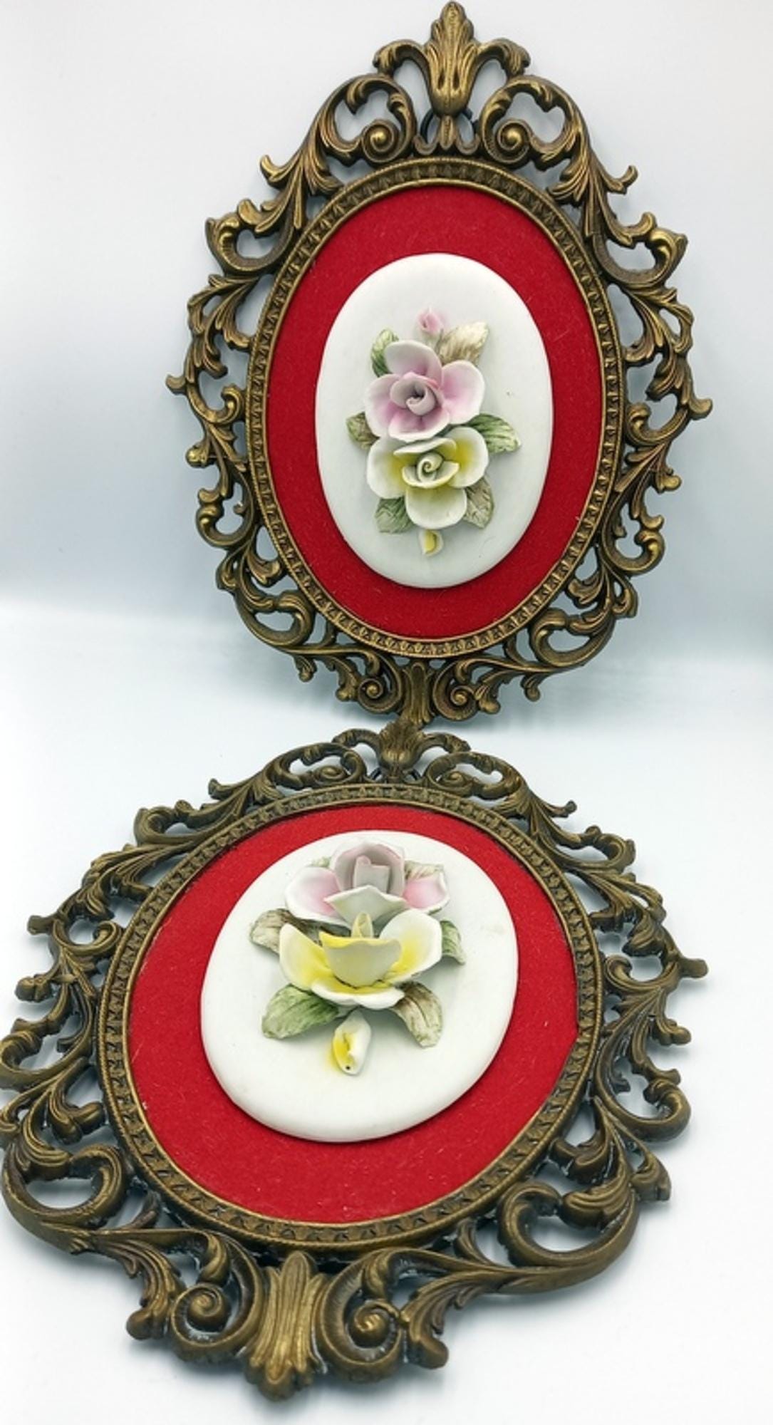 Pair antique brass frames with embossed flowers Capodimonte style, Wall art decor
