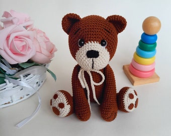 Personalized bear baby boy girl brown teddy bear gift, Pregnancy baby bear shower gift, knit stuff woodland animals gifts for expecting mom