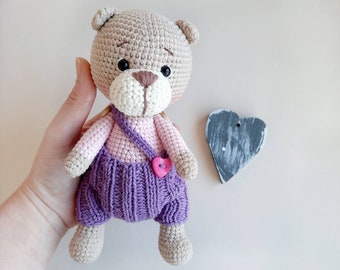 Crochet teddy bear baby girl boy gift, bear toy woodland stuffed animals and plushies, knit bear toy bear baby shower decorations