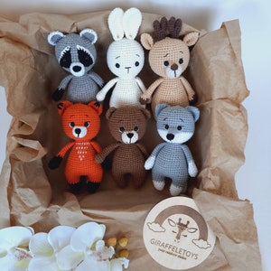 Knitted woodland animals toys wolf bear fox raccoon bunny deer, Small pregnancy baby toys gift, First birthday gift woodland animals