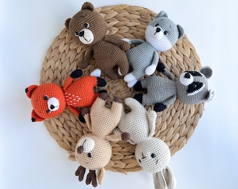 Woodland baby stuffed toys , Knitted toys bear bunny fox wolf raccon deer, Small pregnancy baby woodland animals toys gift