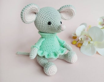 Mouse stuffed animal toy, Little crochet mouse,  Cute mouse gift, baby girl nursery , Little gray mouse girl in dres