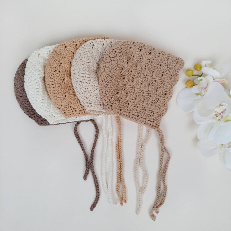 Crochet Baby Bonnets, newborn bonnet photography, boho baby shower gift, Expecting unisex baby bonnet 0-3 month image 1