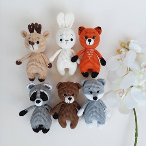 Knitted toys bear bunny fox wolf raccon deer, Woodland animals first birthday toys, baby first toy stuffed animals