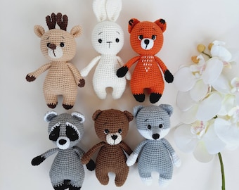 Knitted toys bear bunny fox wolf raccon deer, Woodland animals first birthday toys, baby first toy stuffed animals