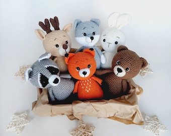 Stuffed animals and plushies woodland baby shower gift,  Knitted toys bear bunny fox wolf raccon deer,  idea for first fotosesion prop