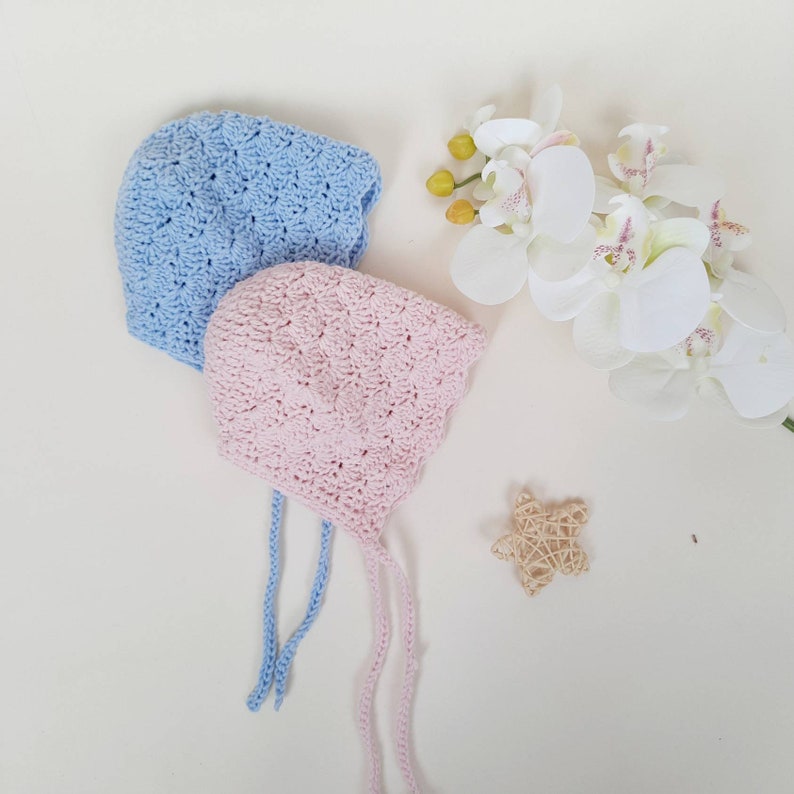 Crochet Baby Bonnets, newborn bonnet photography, boho baby shower gift, Expecting unisex baby bonnet 0-3 month image 3