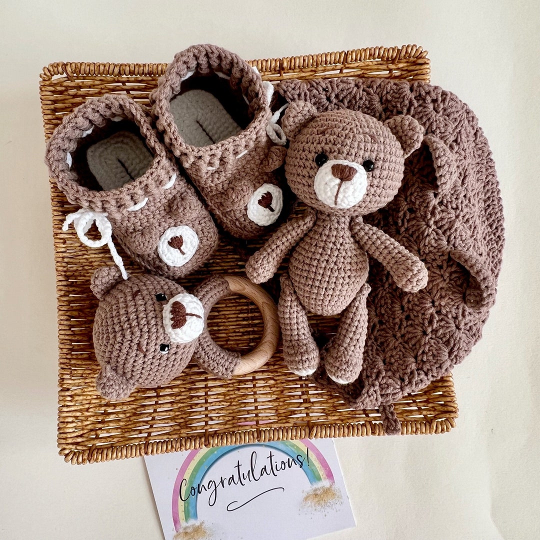 Crochet Teddy Bear Baby Gift Set, Cotton Newborn Booties & Rattle - Etsy