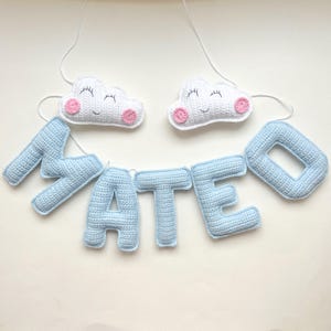 Personalised name garland nursery, Crochet name garland sleeping hanging clouds, Plush letters, Custom name garland