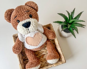 Stuffed Teddy bear 1st birthday gift, Personalized plush teddy bear baby shower gift, Crochet Big feet teddy bear Welcome baby gift.