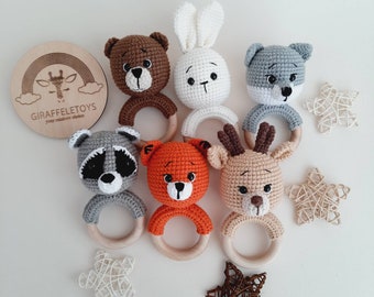 Bunny Bear Wolf  Fox Deer Raccon baby rattle woodland animal toy, woodland themed gift parents to be gift, Crochet baby rattle toys