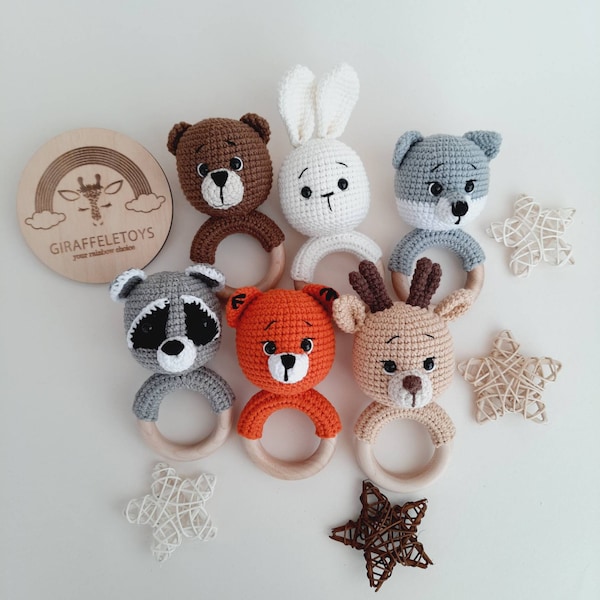 Bunny Bear Wolf  Fox Deer Raccon baby rattle woodland animal toy, woodland themed gift parents to be gift, Crochet baby rattle toys