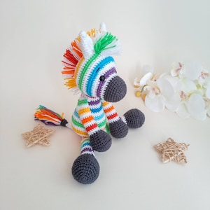 Stuffed animal zebra toy rainbow nursery decor, crochet zebra safari animals baby shower gifts,  rainbow zebra baby gifts