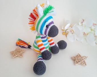 Stuffed animal zebra toy rainbow nursery decor, crochet zebra safari animals baby shower gifts,  rainbow zebra baby gifts