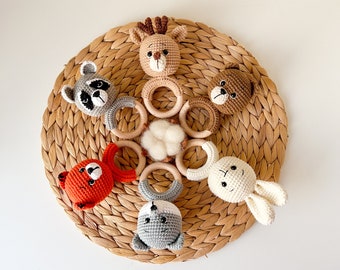 Woodland baby gift crochet baby rattle first stuffed toy , Baby woodland animals toy new parent gift, welcome baby basket