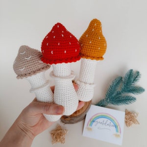 Mushroom baby rattle woodland baby shower gift, Crochet toadstool rattle forest baby shower pregnancy package gift, eco friendly baby rattle