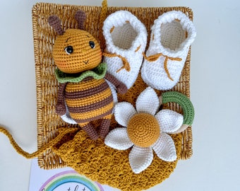 Ensemble d'abeilles neutres en matière de genre, cadeau de baby shower, cadeau de baby shower d'été pour les mamans, que fera le bébé abeille, jouet pour bébé abeille au crochet