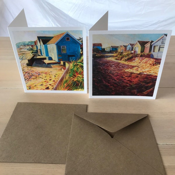 Set of 4 (2 Designs) Occasion Cards of Mudeford Beach Huts, Hengistbury Head, Dorset