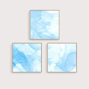 Light Blue Wall Art | Blue And White Abstract Print | Set Of 3 Blue Posters | Square Blue Artwork | Calming Blue Wall Decor | Light Blue Art