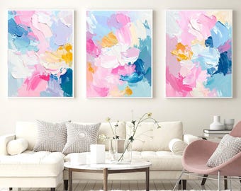 Pastel Abstract Art Prints Set: Modern Brushstrokes, Pink Blue Yellow (Digital Download