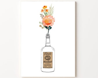 Barwagen kunst | Tito's poster | Wodka Art Print | Alcohol wanddecoratie | Bartrolley Art | Titos fles kunst | Spiritusfles met bloemen Art