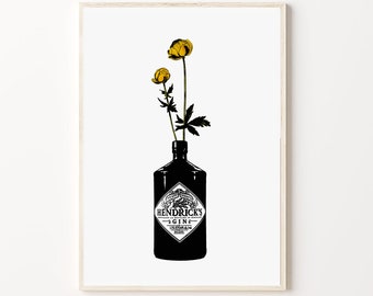 Hendricks Gin Bottle Floral Art Print: Bar Cart Decor (Digital Download)