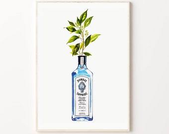 Impresión artística floral de una botella de ginebra Bombay Sapphire (descarga digital)