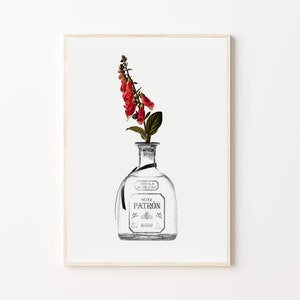 Srebrny nadruk Patrón | Sztuka na wózku barowym z tequilą | Sztuka na butelce Patron | Sztuka na wazonie z tequilą | Dekoracja wózka barowego | Sztuka koktajlowa | Nadruk na alkoholu