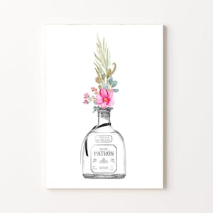 Wydruk Tequili | Dekoracja wózka barowego | Sztuka Tequili i Kwiatów | Wydruk Tequili Patrona | Sztuka Baru Tequili | Plakat Srebrny Patrona | Sztuka Wydruku Alkoholu