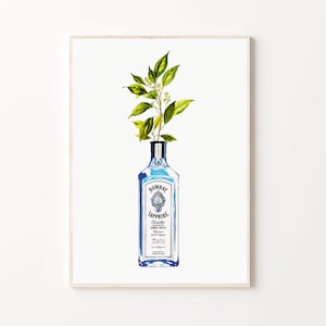 Póster de botella de ginebra con flores / Arte mural con carrito de bar / Impresión de botella de Bombay Sapphire / Decoración de pared con carrito de bebidas / Arte con gin tonic / Imprimible