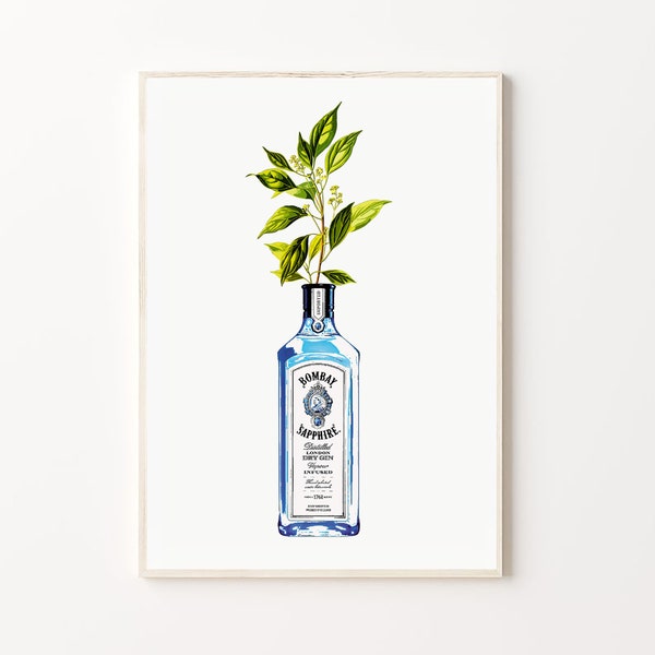 Gin Bottle With Flowers Poster | Bar Cart Wall Art | Bombay Sapphire Bottle Print | Drinks Trolley Wall Decor | Gin & Tonic Art | Printable