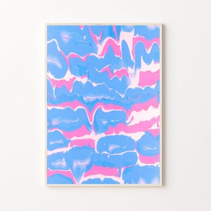 Levendige blauwe muurkunst | Blauwe en roze kunst | Kleurrijke abstracte poster | Pastelblauw en roze wanddecoratie | Helderblauw schilderij | Afdrukbaar