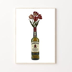 Afdrukbare kunst op barwagen | Jameson-afdruk | Fles Ierse whisky met bloemen | Dranktrolley print | Muurkunst alcohol | Whiskyposterkunstwerk