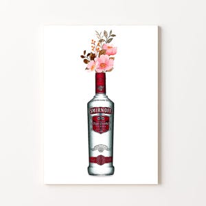 Sztuka na wózku barowym | Plakat Smirnoff | Wydruk artystyczny z wódką | Dekoracja ścienna z alkoholem | Sztuka na wózku barowym | Sztuka na butelce Smirnoff | Butelka z alkoholem i kwiatami