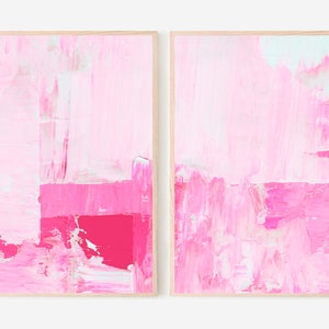 Hot Pink Wall Art Set Of 2 Prints Set of 2 Pink Prints Over Sofa Prints Pink abstract Print Set Pink Poster Set Hot Pink Gallery image 2